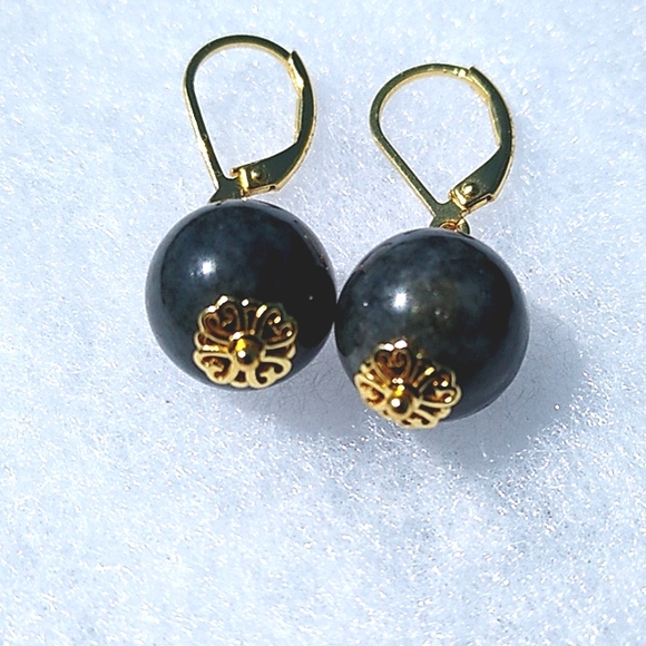 Jade of Yesteryear Charcoal Black Bead Drop Earrings Gold pl Sterling Silver hsn - Picture 4 of 5